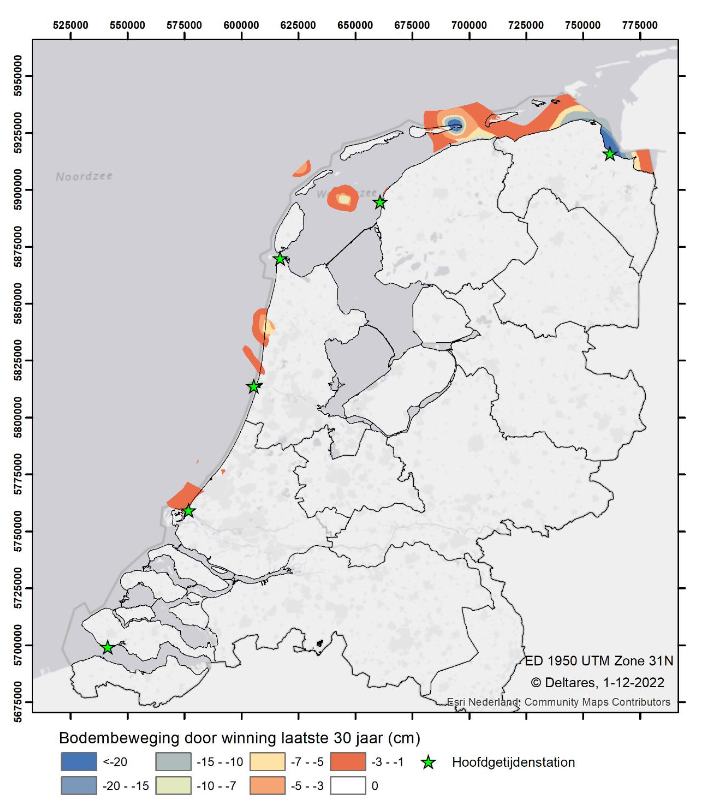 Bodembeweging door delfstofwinning tussen 1987-2017 in het kustfundament en de getijdenbekkens. Bron: Bodemdalingsmonitor