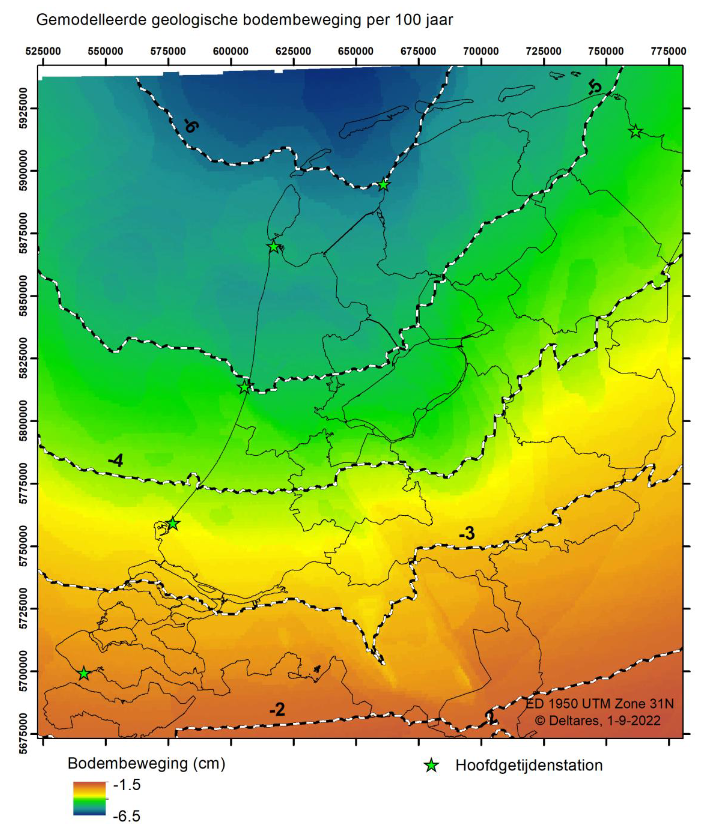 Gemodelleerde geologische bodemdaling voor een periode van 100 jaar. Voor geheel Nederland wordt bodemdaling gemodelleerd, toenemend van zuid naar noord van 2 tot 6 cm per eeuw. De zwart-witte lijnen zijn contourlijnen van geologische bodemdaling.