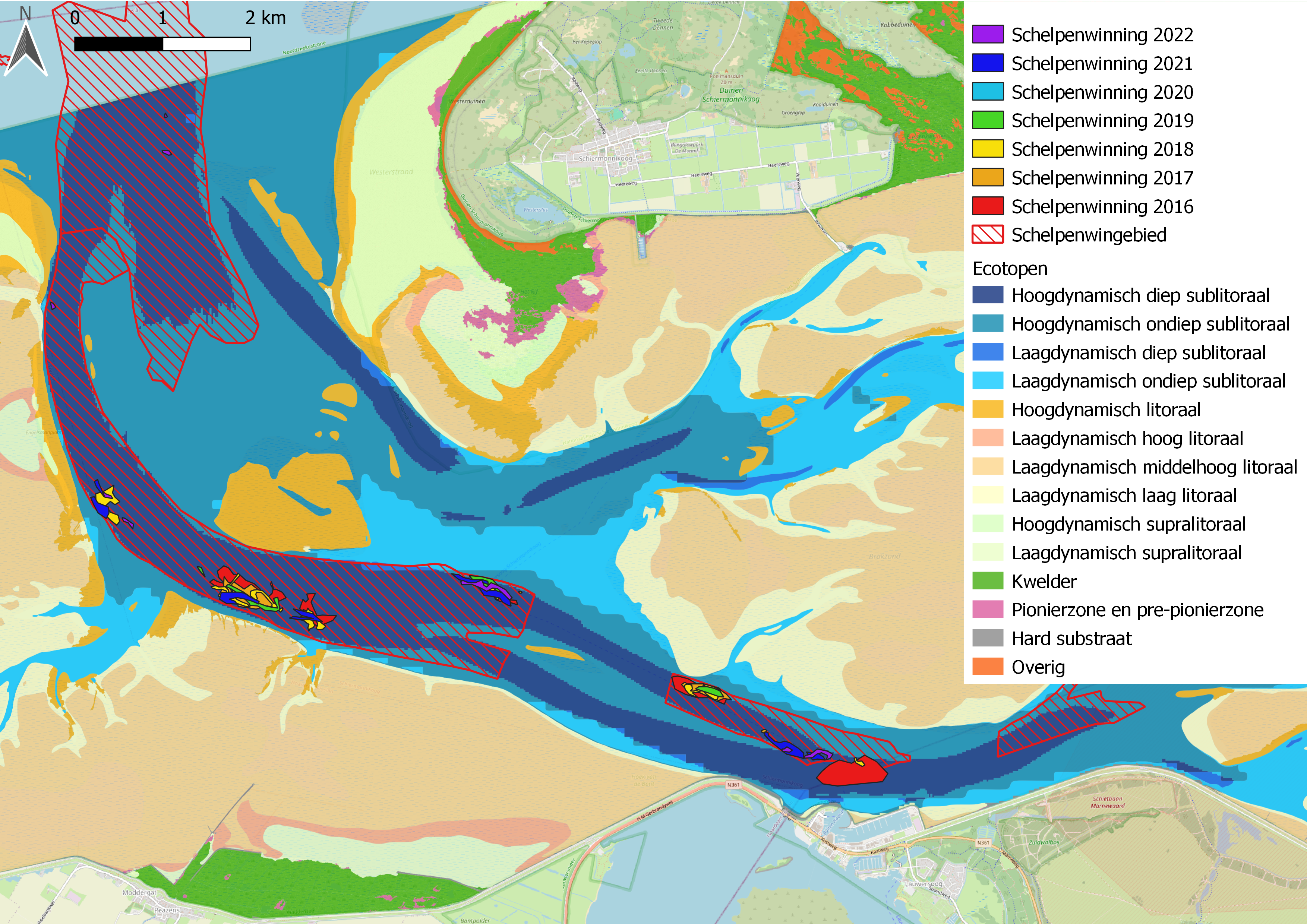 Schelpenwinning tussen 2016-2022 in het Friesche Zeegat op basis van Blackbox data, geprojecteerd op de ecotopenkaart 2017. Het grote gebied voor Lauwersoog waar vooral in 2016 werd gewonnen, is mogelijk een overschatting doordat de MS Vertrouwen het winnen niet als afzonderlijke activiteit registreert. De polygoon is ingetekend op basis van een dichte wolk datapunten met het label “zandpomp aan”. Bron: Mestdagh, 2024